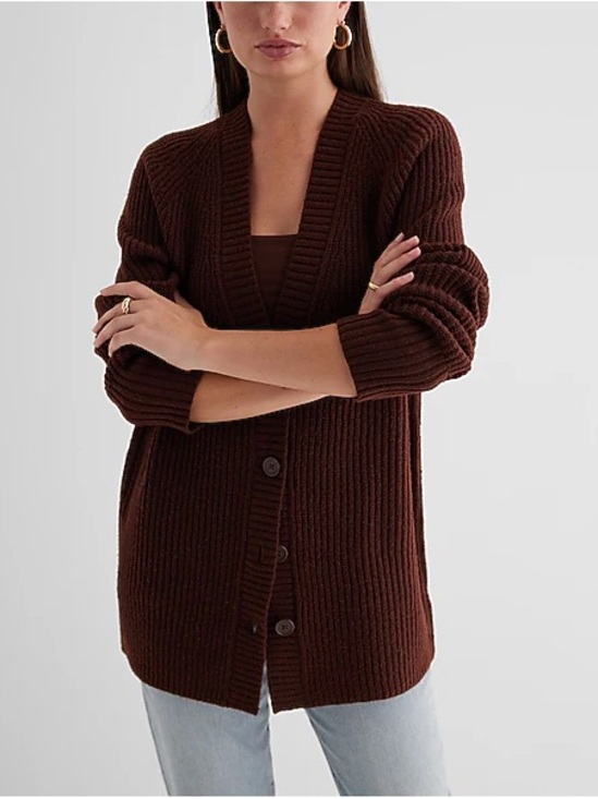 Express Sweaters - Express Chocolate dark red Ribbed Button-Front Cardigan
